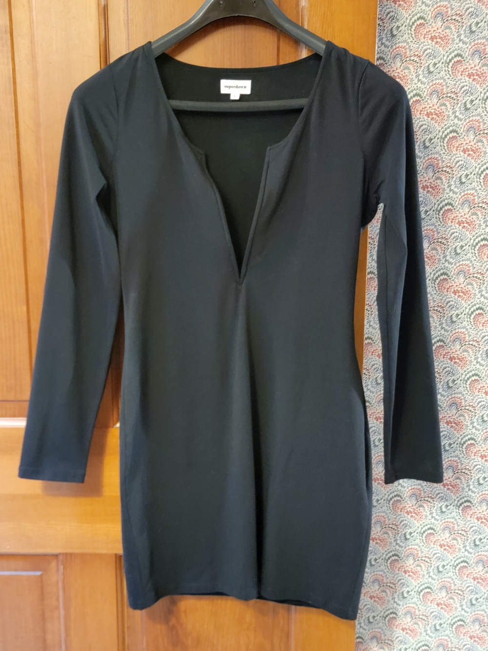 superdown Black V-Wire Plunging Mini Dress Large Bodycon Long Sleeve LBD